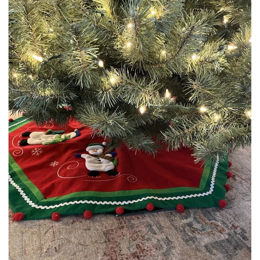Vintage Felt Christmas Tree Skirt Table‎ Cover 3D Snowman Pom Embroider Applique